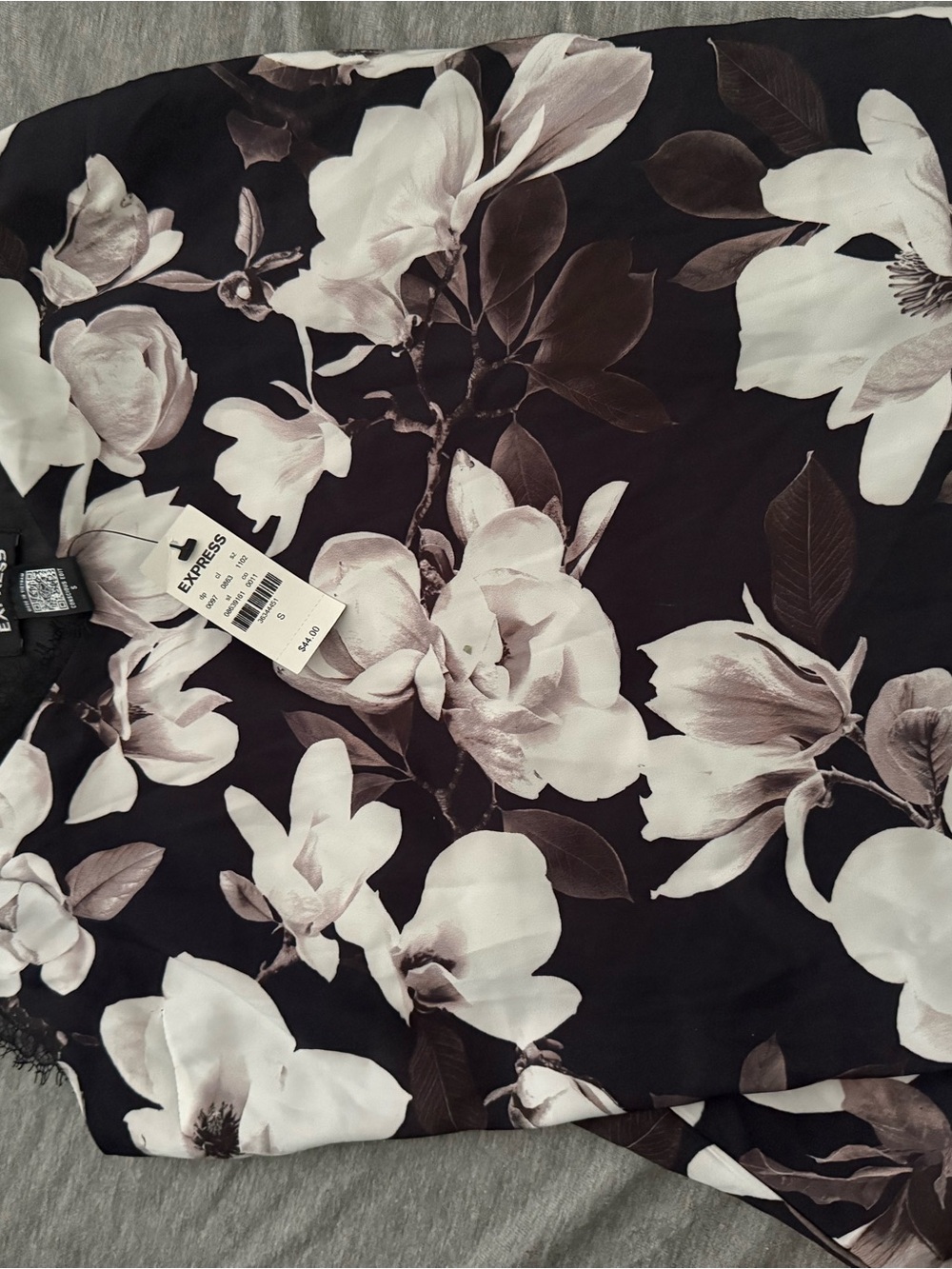 Express Black Floral Top with Cream Blooms